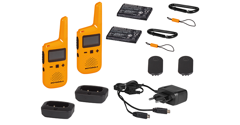 Motorola Solutions T72 TALKBOUT series walkie-talkie with accessories